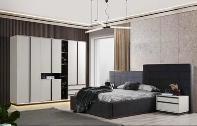 Productafbeelding van Slaapkamer set: tweepersoonsbed, nachtkastjes (4 stuks), grijs, met kledingkast