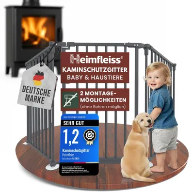 Produktbild von Heimfleiss Kaminschutzgitter 308 cm mit Tür 5 Elemente Ofenschutzgitter Kinderschutz Hundegitter ohne Bohren Grau