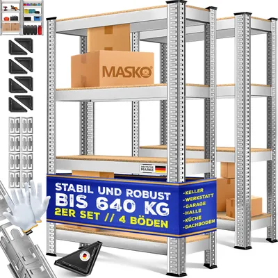 Produktbild von MASKO® 2er-Set Lagerregal Schwerlastregal, Kellerregal, verstellbare Ablagen, MDF-Platten Regal aus Metall, Steckregal, Werkstattregal, Keller, Garage