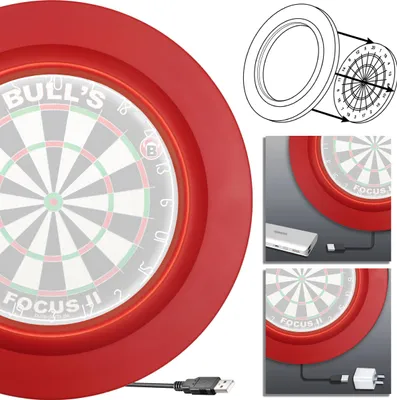 A collage of images showing a red dartboard surround, a diagram of how it attaches, and close-ups of USB connections.
