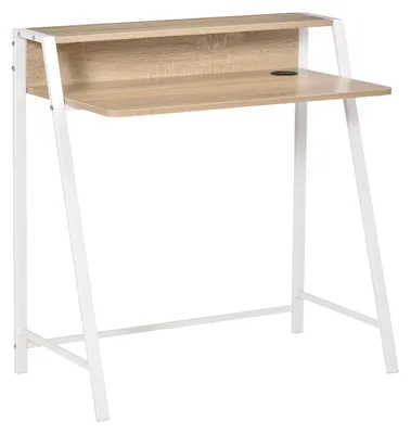 Produktbild von Schreibtisch Moderner Computertisch mit Ablagefach & Kabeldurchlass, Metallgestell, Weiß+Eiche, 84x45x85cm