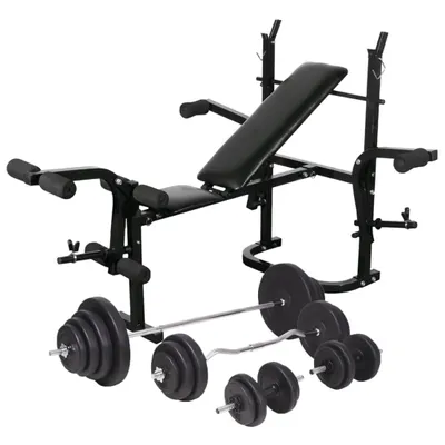 Zdjęcie produktu dla vidaXL Ławka treningowa ze stojakiem, sztangą i zestawem hantli 120 kg