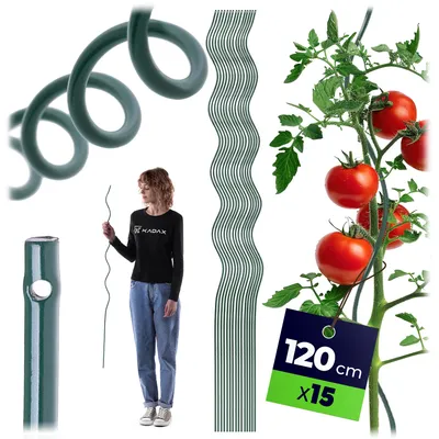 Zdjęcie produktu dla KADAX Spiralne paliki do pomidorów 120 cm x 6 mm, zestaw 15 sztuk, paliki spiralne ze stali z powłoką z tworzywa sztucznego, paliki do pomidorów, podpory do pomidorów i roślin pnących, paliki do roślin