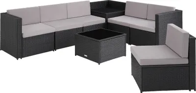 Produktbild von tectake Rattan Lounge Set - UV-beständiges Polyrattan, Schwarzes Stahlgestell, Aufbewahrungsbox, Sitzpolster für 6 Personen