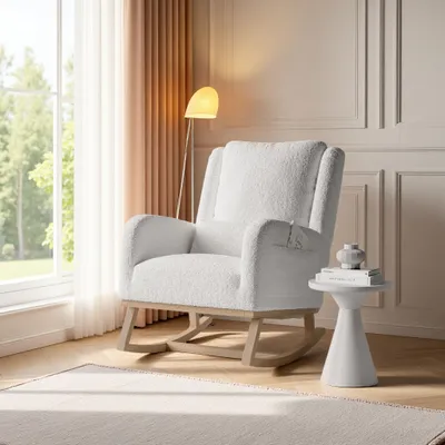 Obrázok produktu pre ProximaX Biele plyšové hojdacie kreslo s vankúšom a bočnými vreckami na smartfón, útulné relaxačné kreslo do obývačky a spálne