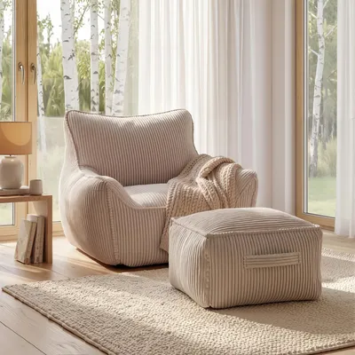 Produktbild von Sitzsack Sessel mit Hocker für Erwachsene, Flauschiger Cord Stoff, Sitzsack Cord mit Füllung, Bean Bag Chair, Wohnzimmer, Lounge, Schlafzimmer, Beige