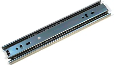 A metal drawer slide on a white background.