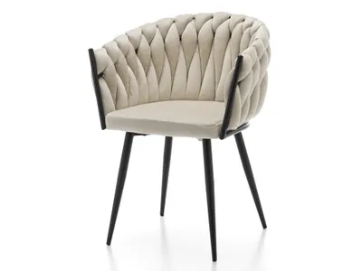 A single beige upholstered chair with black legs is shown against a white background.