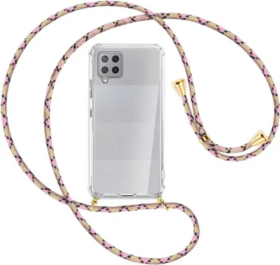 Produktbild von Handykette Backcover-Schutzhülle mit Band (Metall goldfarben) für Samsung Galaxy A42 5G - rosa Karo