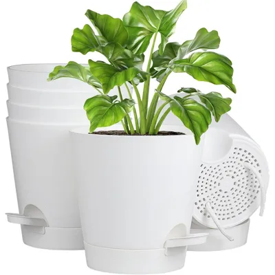Productafbeelding van Zelfwaterende bloempotset, 6 stuks, 17,8 cm, wit, met irrigatiesysteem