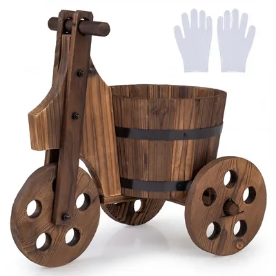 Image de COSTWAY Support à plantes à trois roues, jardinière avec trous de drainage, pots de fleurs pour l'intérieur et l'extérieur, décoration de balcon en forme de tonneau, 47 x 32 x 43,5 cm
