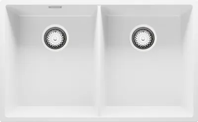 Produktbild von PRIMAGRAN Spülbecken Weiß 76x47cm, Granitspüle 2 Becken + Ablauf-Set, Küchenspüle ab 80er Unterschrank - London Slim Twin