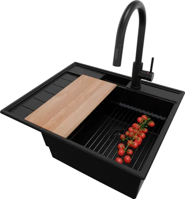 Produktbild von PRIMAGRAN Granitspüle Alles Schwarz 62x53cm, Spülbecken 1 Becken + Ablauf-Set + Küchenzubehörset, Küchenspüle ab 45er Unterschrank - Sydney Pocket