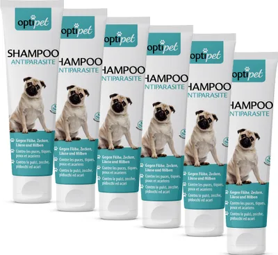 Produktbild von OptiPet 6x250ml Anti-Parasiten-Shampoo für Hunde bekämpft Flöhe, Zecken, Milben, pflegt das Hundefell