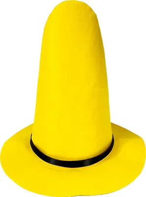 A yellow witch hat with a black ribbon around the brim, isolated on a white background.