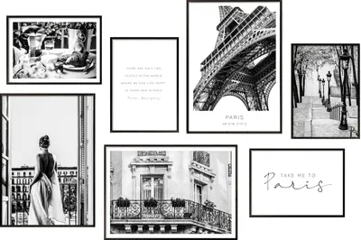 Produktbild von Hyggelig Home Premium Poster Set - 7 passende Bilder OHNE RAHMEN im stilvollen Set - Collage Bild Wand Deko - 3 x DIN A3 + 4 x DIN A4 - Set Paris, Option:mit Rahmenset weiß