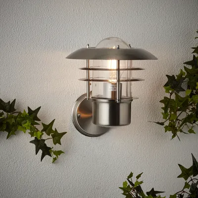 An outdoor wall light mounted on a textured wall, with ivy plants on either side.