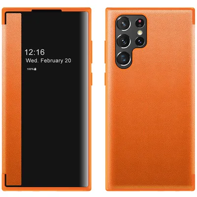 Obrázek produktu pro Pouzdro pro Samsung Galaxy S22 Ultra 5G tenkéPolyuretankožené klopové pouzdro s okénkem pro zobrazení Pomerančový