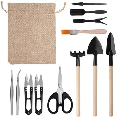 Immagine prodotto di Set da giardino in legno da 13 pezzi, set per bonsai, comprendente sega, forbici, mini zappa, spazzola, forbici per rami e foglie, piccolo set di attrezzi da giardino