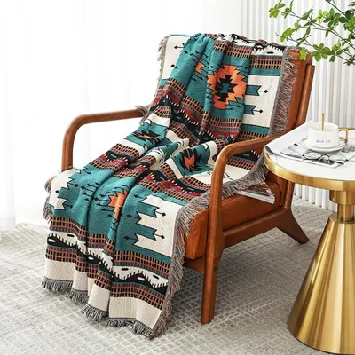Produktbild von Boho Decke Mit Pompons 160x220 Cm, Aztekenmuster, Reversibel Für Zuhause Büro Reisen