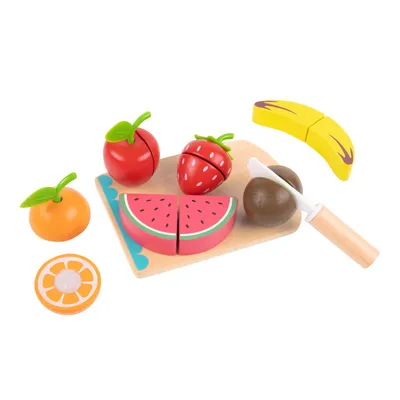 Zdjęcie produktu dla Tooky Toy drewniany zestaw do zabawy owocami | akcesoria / jedzenie do zabawy w kuchnię | 6 rodzajów owoców, deska do krojenia i nóż | zabawka Montessori dla maluchów