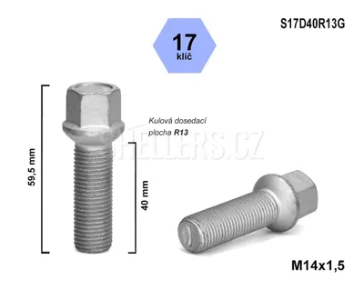 Obrázok produktu pre Skrutka kolesa M14x1,5x40 guľa R13, kľúč 17 S17D40R13G, výška 59,5 mm