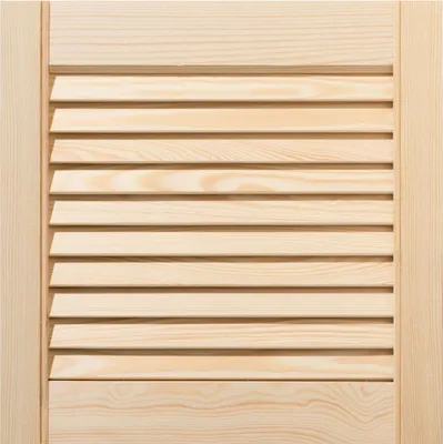 Close-up of a section of a louvered door made of light-colored wood.