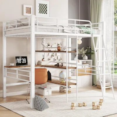Produktbild von Merax Etagenbetten Hochbett 90x200cm mit Schreibtisch, Regale, Geländer, Kinderbett, Jugendbett, Stockbett für Kinderzimmer, Weiß