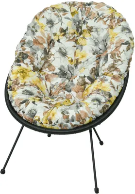 A floral patterned cushion on a black chair with thin black legs, isolated on a white background.