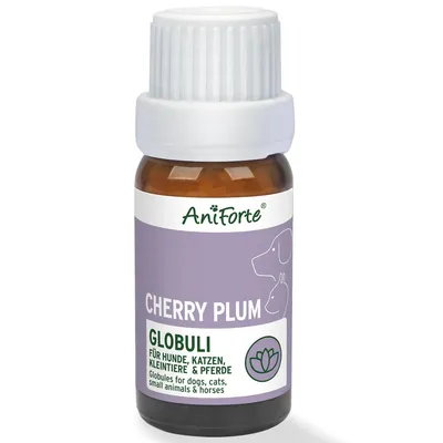 Produktbild von AniForte Cherry Plum Globuli - Bachblüten zur Beruhigung für Hunde, Katzen, Haustiere bei unterdrückten Ängsten, unkontrollierten Reaktionen & Unruhe