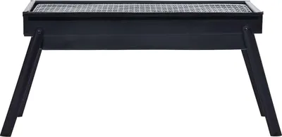 A black portable camping grill with a metal grate and four legs, shown from the front on a white background.