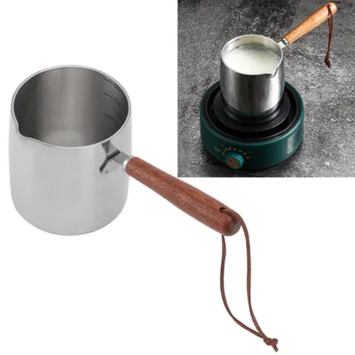 Productafbeelding van Mini-botervaarwarmer, roestvrij staal, 450 ml, met schenktuit en houten handvat, geschikt voor inductiekookplaten