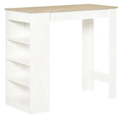 Image de Table haute pour 2 personnes - Table d'appoint - Quatre étagères ouvertes - 115 x 50 x 102,7 cm - Structure en bois - Table à manger gain de place - Blanc et bois naturel