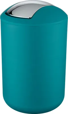 A teal colored trash can with a silver lid.