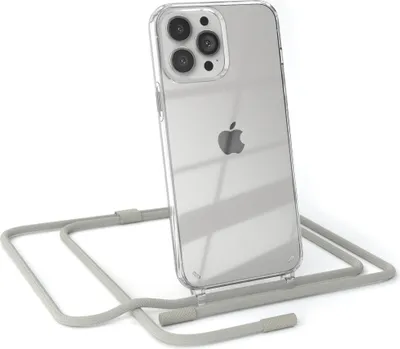 Produktbild von EAZY CASE Handykette für Apple iPhone 13 Pro Max, Clear Case aus Silikon, mit Umhängeband, abnehmbare Endstücke, Handyband in Beige