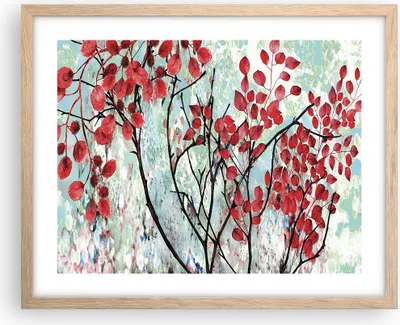 Produktbild von Gerahmtes Poster - Rahmen in heller Eiche - Rot Blätter Zweige - 50x40 cm - Wand Bild - Wanddeko - Wandbilder - Kunstposter - Wandposter - Bilderrahmen - Bilder - Kunstdruck - P2NAA50x40-4508