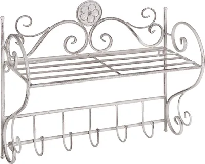 Zdjęcie produktu dla BELIANI Półka łazienkowa wisząca biała metalowa 42 x 47 cm postarzana w stylu vintage z wieszakami na ręczniki