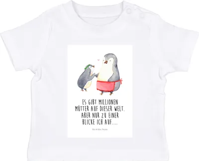 Produktbild von Mr. & Mrs. Panda Babyshirt Pinguin mit Kind 12. - 18. Monat - Weiß - Geschenk, Muttertag, Mutter,  T-Shirt, Kinder Oberteil, Baby, Pinguine, Mama, Shirt, Organic