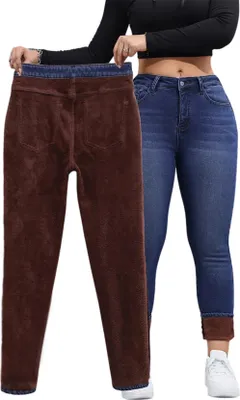 Image de ASKSA Jeans Thermo Femme Doublé Stretch Hiver Thermojeans Chaud Haute Taille Fleece Denim Jeggings Skinny Leggings (Bleu Foncé,M)