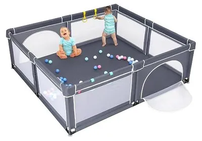 Imagen del producto de Corralito para bebés de 206 x 185,5 cm, con 50 pelotas de juego. Corralito con malla transpirable y cremallera, con 2 puertas. Tienda-corralito para bebés y niños (gris oscuro)