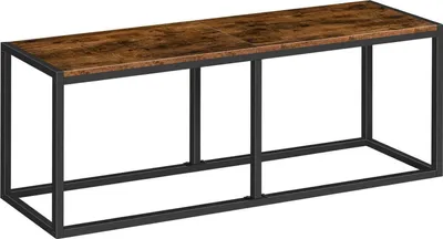 A long, narrow bench with a wood-look top and black metal legs, shown against a white background.