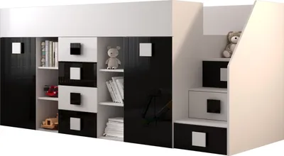 Produktbild von Etagenbett für Kinder Toledo 3 Stockbett mit Treppe, Schreibtisch, Bettkasten (Weiß/Weiß Glanz + Schwarz Glanz, Seite: Rechts)