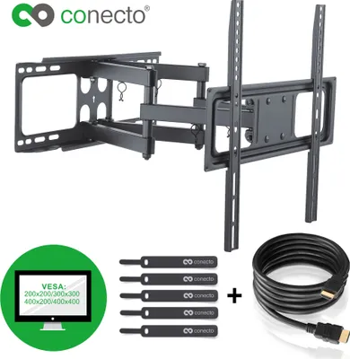 Produktbild von conecto CC50274 Wandhalterung für TV Geräte mit 81-140 cm (32-55 Zoll), neigbar: -15° bis 5°, schwenkbar: -60° bis 60°, Wandabstand: 53-464mm, Traglast: max. 40,0kg, VESA 400x400, schwarz, inkl. GRATIS HDMI-Kabel und Klett-Kabelbinder