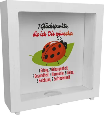 Produktbild von Marienkäfer Rahmen Spardose aus Holz mit Spruch Sieben Glückspunkte