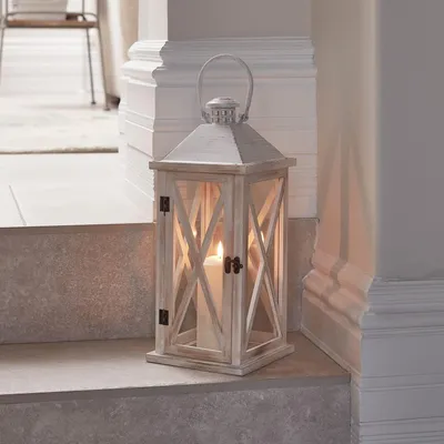 Holz-LED-Kerzenlaterne mit Henkel, weiß, 42 cm