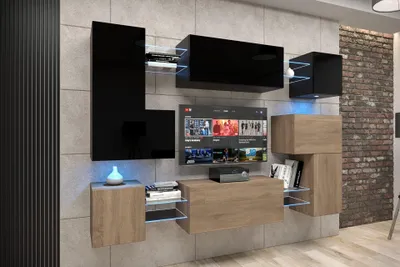 Produktbild von Furnitech Wohnwand Wohnzimmer - Wohnzimmer Möbel mit LED Blau - Hängend Wohnwand Modern - Regale und TV Schrank (Albania AN3N-21BS-HGM30-1A)