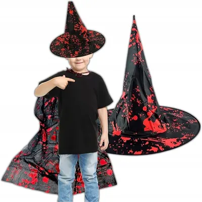 Produktbild von KRUMAD Halloween Kostüm Set: Hexenhut & Cape 80 cm mit Kapuze – Uni für Kinder & Erwachsene, schwarzer Umhang mit bunten Halloween-Motiven