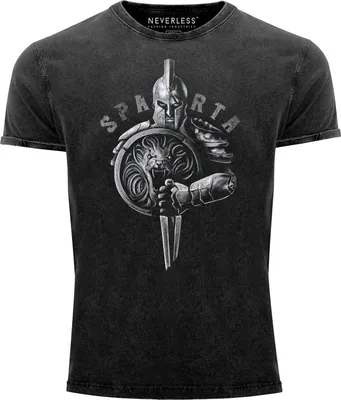 Produktbild von Herren Vintage Shirt Aufdruck Sparta Spartaner-helm Krieger Warrior Schwert Schild Löwe Printshirt T-Shirt Used Look Slim Fit Neverless®  schwarz XXL