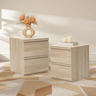 Imagen del producto de Juego de 2 mesitas de noche de madera con 2 cajones, moderno mueble auxiliar de estilo madera, ideal para dormitorios, dimensiones: 40 x 40 x 49 cm