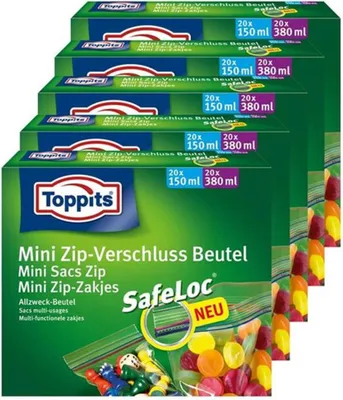 Produktbild von Toppits Mini Zip-Verschluss Beutel 20x150ml und 20x380ml mit SafeLoc (5er Pack)